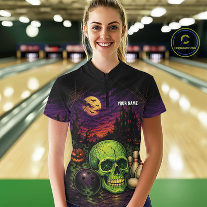 Custom Halloween Skull Bowling Women Quarter-Zip Shirt, Halloween Bowlers Outfit IPHW11945
