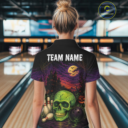 Custom Halloween Skull Bowling Women Quarter-Zip Shirt, Halloween Bowlers Outfit IPHW11945