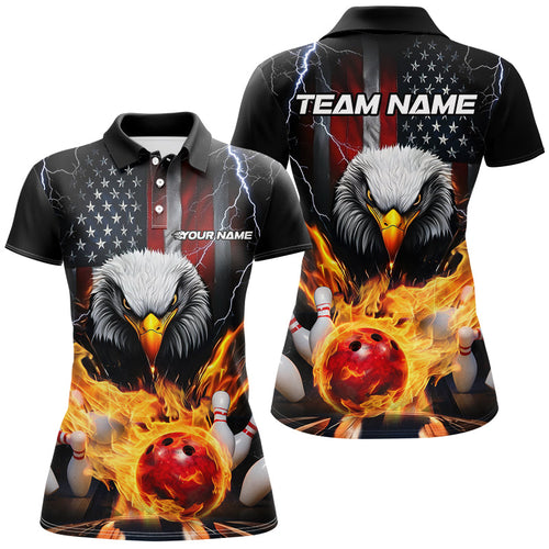 Thunder Lightning US Flag Custom Patriotic Ladies Bowling Shirts, Flame Eagle Bowling Shirt IPHW7582