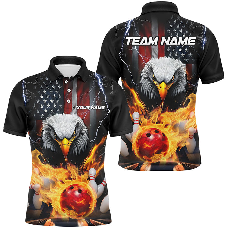 Thunder Lightning US Flag Custom Patriotic Bowling Shirts For Men, Flame Eagle Bowling Shirt IPHW7582