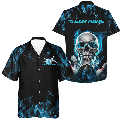 Custom Blue Flame Skull Bowling Hawaiian Shirts For Men And Women, Halloween Bowling Tournament Shirt IPHW8221