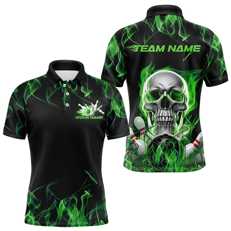 Custom Green Flame Skull Bowling Polo Shirts For Men, Skull Bowling Tournament Shirt IPHW8223