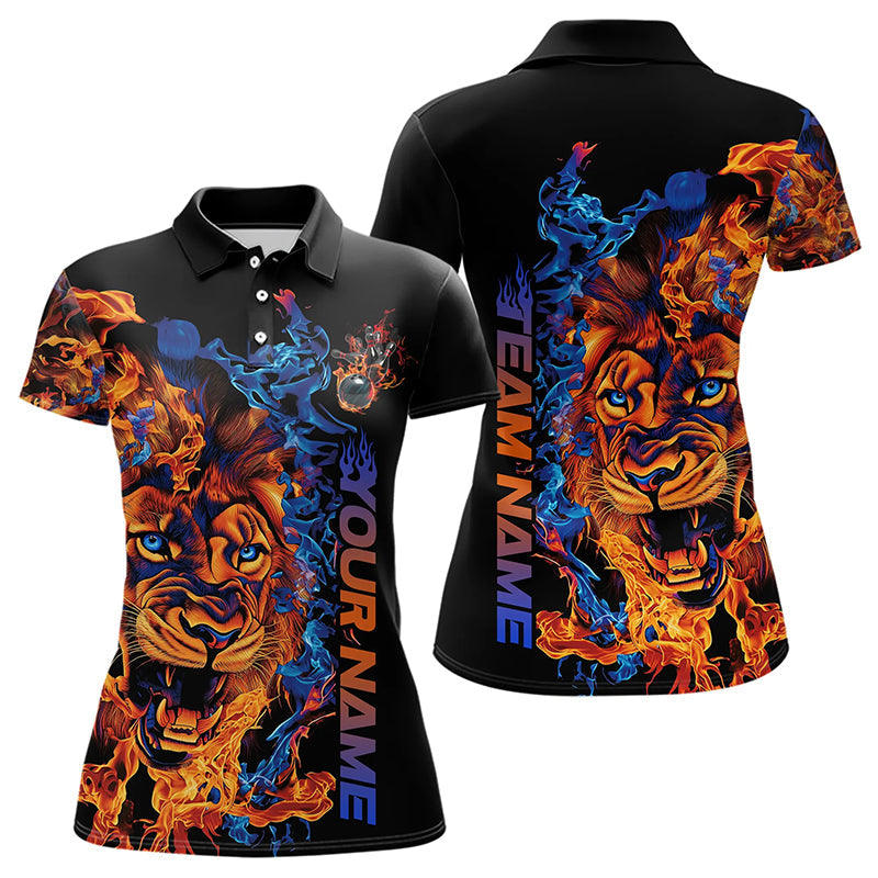Blue And Orange Fire Custom Lion Bowling Polo Shirts For Women, Flame Bowling Team Shirt IPHW8227