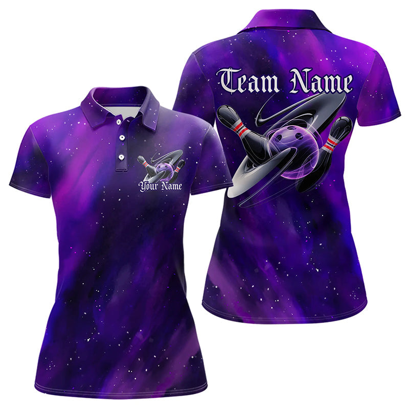 Custom Purple Galaxy Bowling Polo Shirts For Women, Team Bowling League Shirts With Name IPHW8234