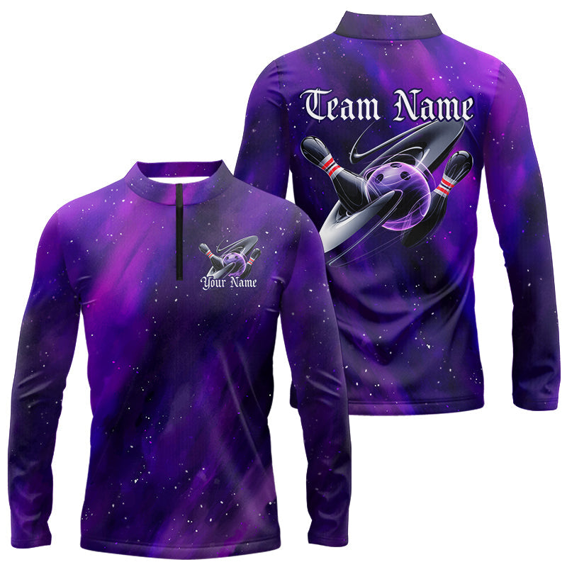 Custom Purple Galaxy Bowling Long Sleeve Quarter-Zip Shirts For Men, Team Bowling League Shirts IPHW8234