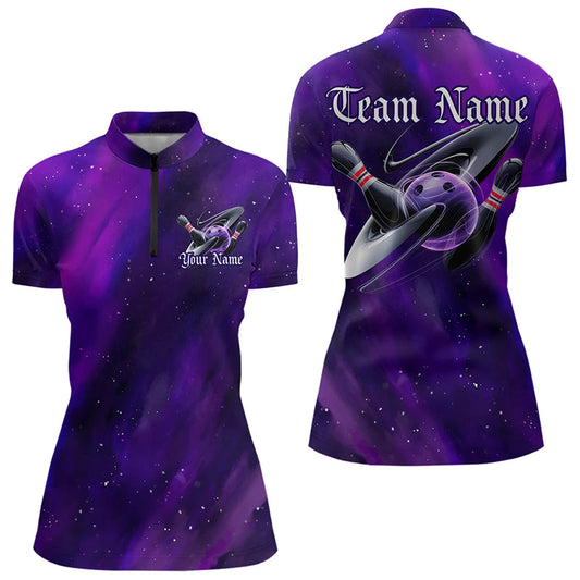Custom Purple Galaxy Bowling Quarter-Zip Shirts For Women, Team Bowling League Shirts IPHW8234