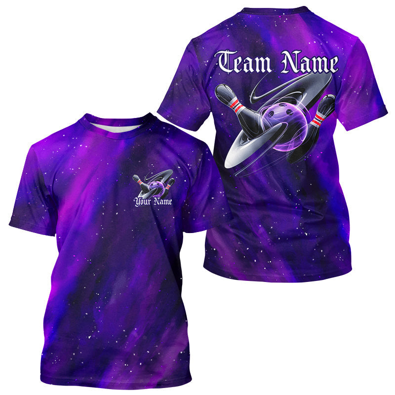 Custom Purple Galaxy Bowling T-Shirts For Men, Team Bowling League With Name IPHW8234