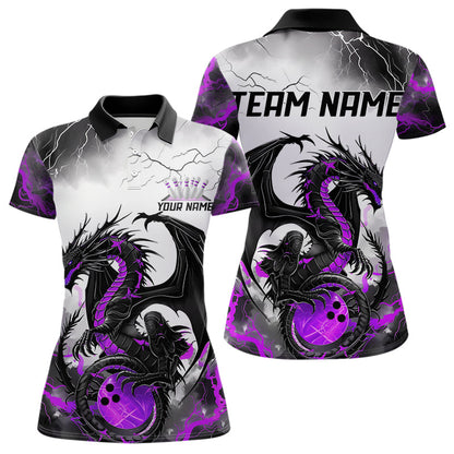 Black And Purple Thunder Lightning Custom Dragon Bowling Women Polo Shirts, Bowling Uniform IPHW8695