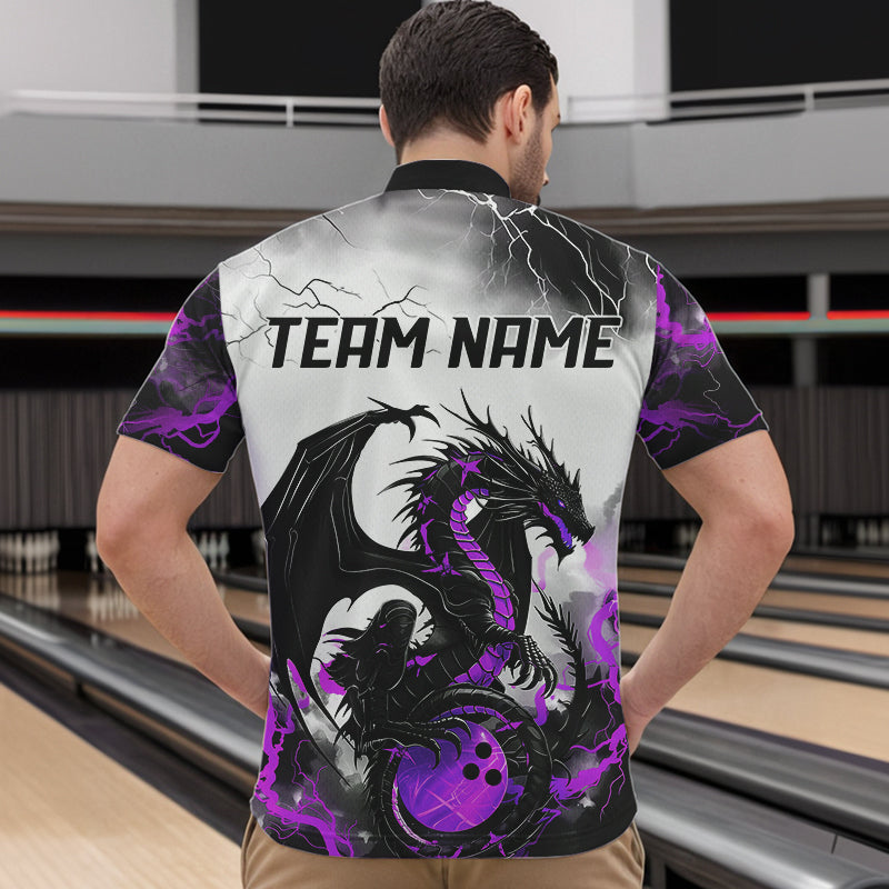 Black And Purple Thunder Lightning Custom Dragon Bowling Men Quarter-Zip Shirts, Bowling Uniform IPHW8695