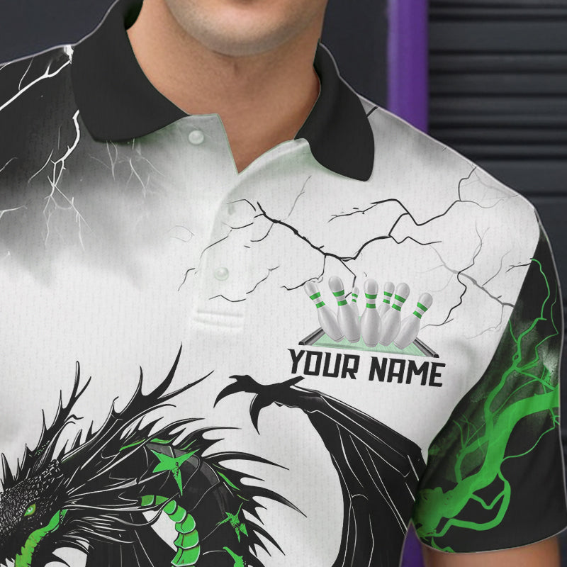 Black And Green Thunder Lightning Custom Dragon Bowling Men Polo Shirts, Bowling Uniform IPHW8696