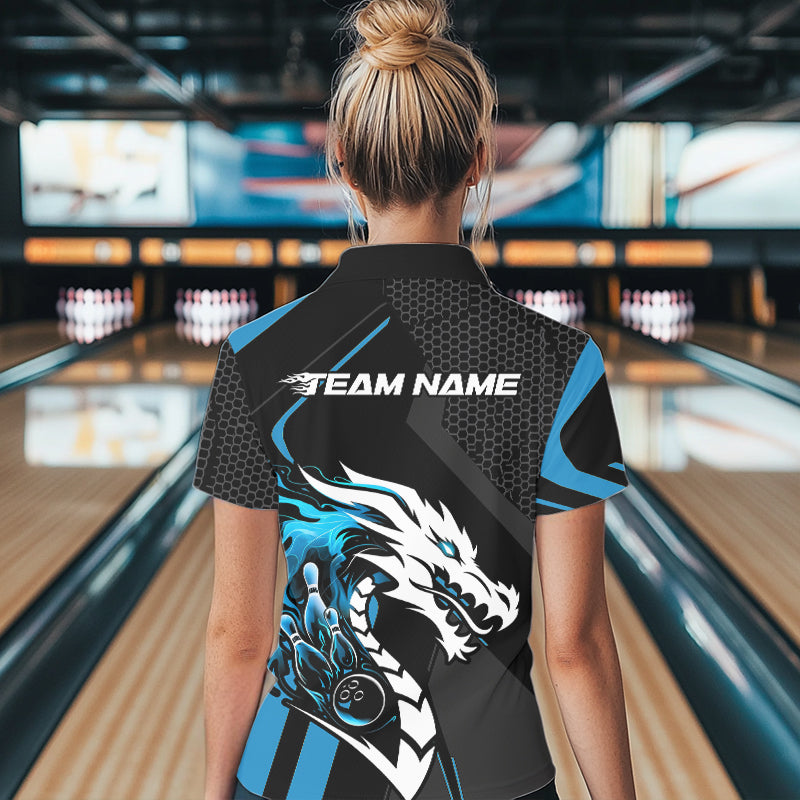 Custom Black And Blue Dragon Bowling Jerseys, Bowling Team Women Polo Shirts Bowlers Outfit IPHW8700