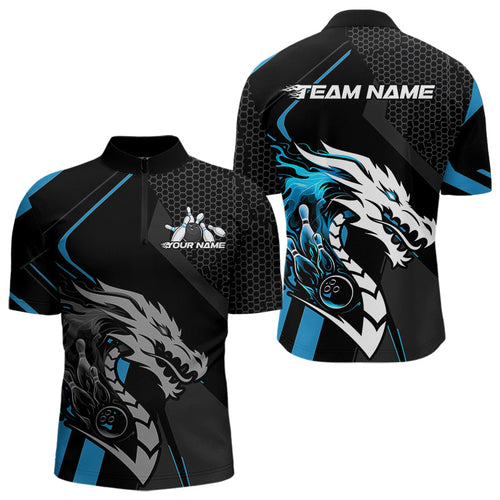 Custom Black And Blue Dragon Bowling Jerseys, Bowling Team Men Quarter-Zip Shirts Bowlers Outfit IPHW8700