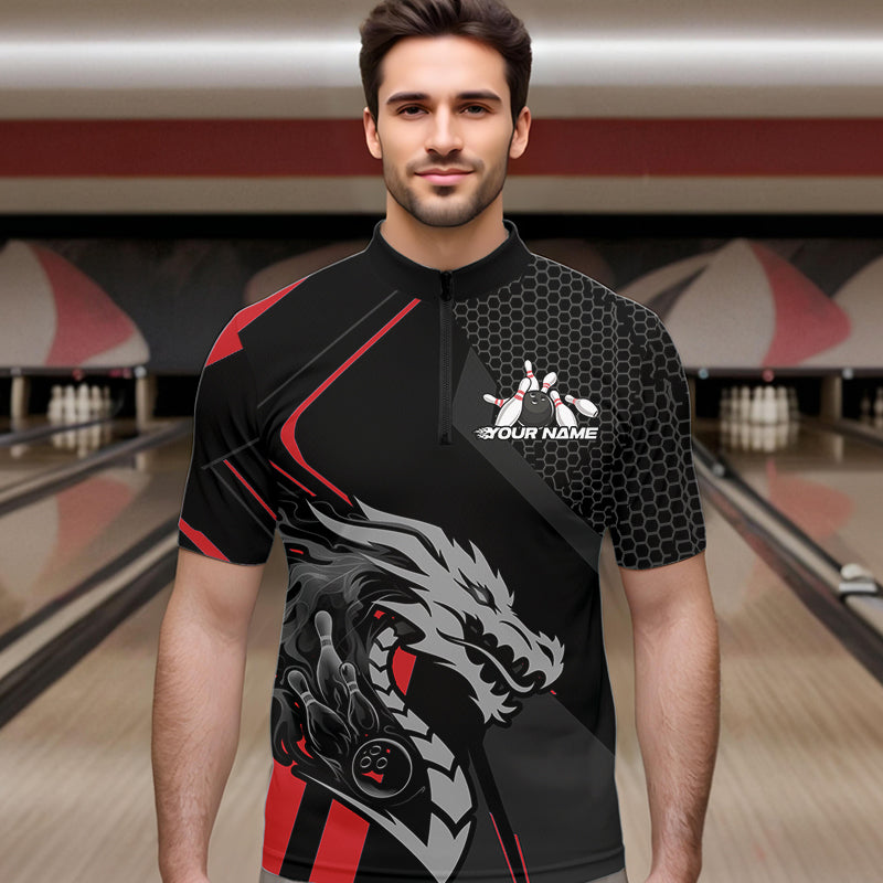 Custom Black And Red Dragon Bowling Jerseys, Bowling Team Men Quarter-Zip Shirts Bowlers Outfit IPHW8701