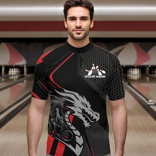 Custom Black And Red Dragon Bowling Jerseys, Bowling Team Men Quarter-Zip Shirts Bowlers Outfit IPHW8701