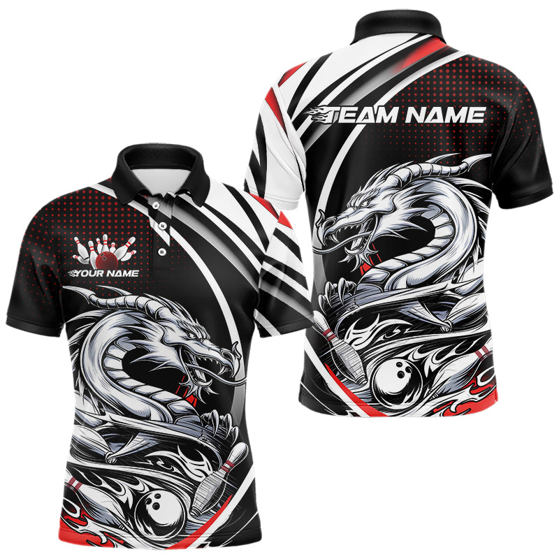 Custom Black And Red Dragon Bowling Team Polo Shirts For Men, Dragon Bowling Jerseys IPHW8705