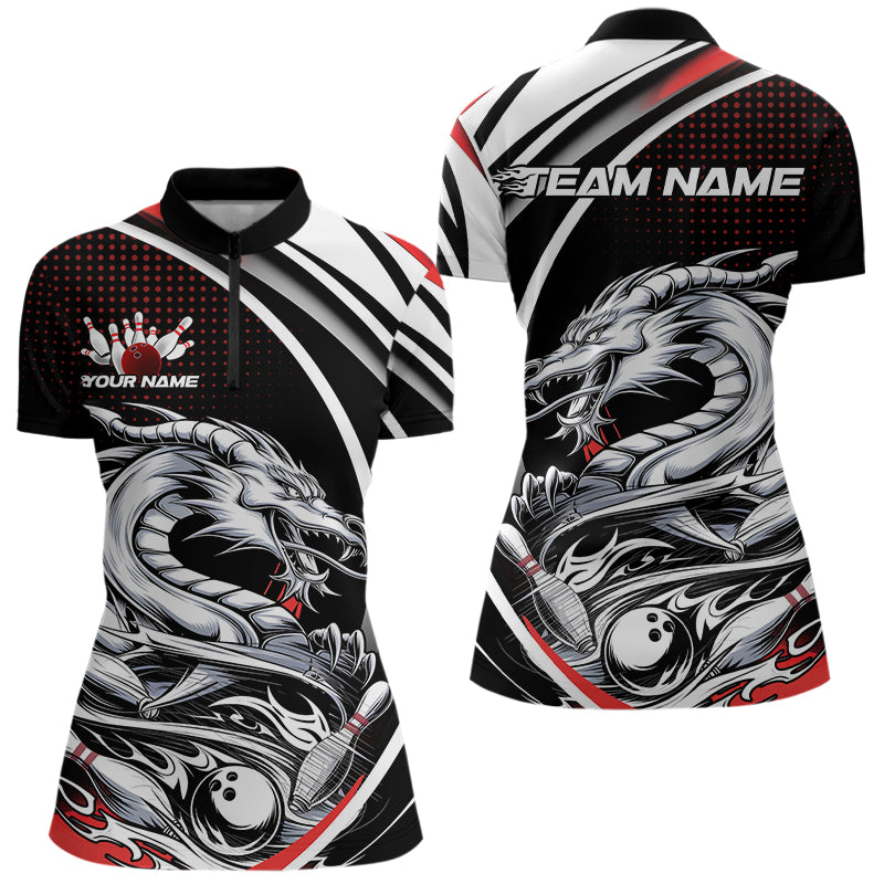 Custom Black And Red Dragon Bowling Team Women Quarter-Zip Shirts, Dragon Bowling Jerseys IPHW8705