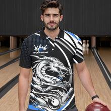 Load image into Gallery viewer, Custom Black And Blue Dragon Bowling Team Polo Shirts For Men, Dragon Bowling Jerseys IPHW8706