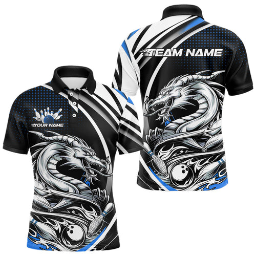 Custom Black And Blue Dragon Bowling Team Polo Shirts For Men, Dragon Bowling Jerseys IPHW8706