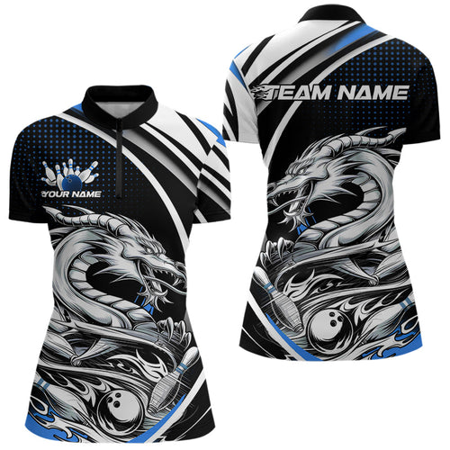 Custom Black And Blue Dragon Bowling Team Women Quarter-Zip Shirts, Dragon Bowling Jerseys IPHW8706