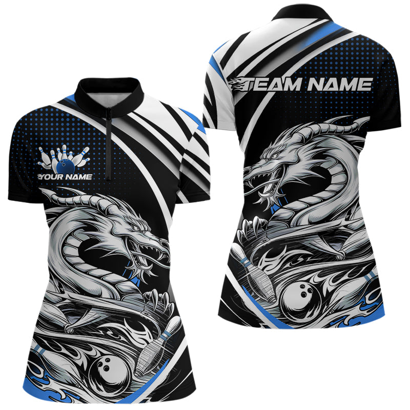 Custom Black And Blue Dragon Bowling Team Women Quarter-Zip Shirts, Dragon Bowling Jerseys IPHW8706
