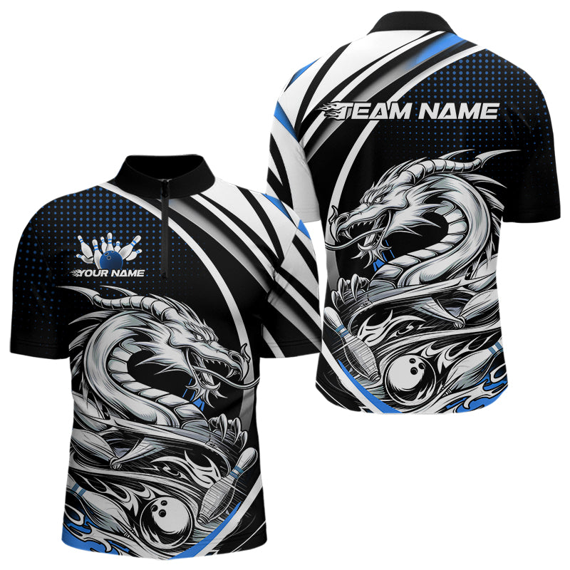 Custom Black And Blue Dragon Bowling Team Quarter-Zip Shirts For Men, Dragon Bowling Jerseys IPHW8706