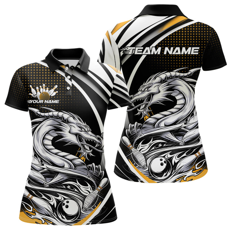Custom Black And Yellow Dragon Bowling Team Polo Shirts For Women, Dragon Bowling Jerseys IPHW8707