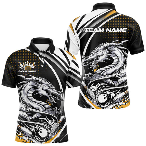 Custom Black And Yellow Dragon Bowling Team Polo Shirts For Men, Dragon Bowling Jerseys IPHW8707