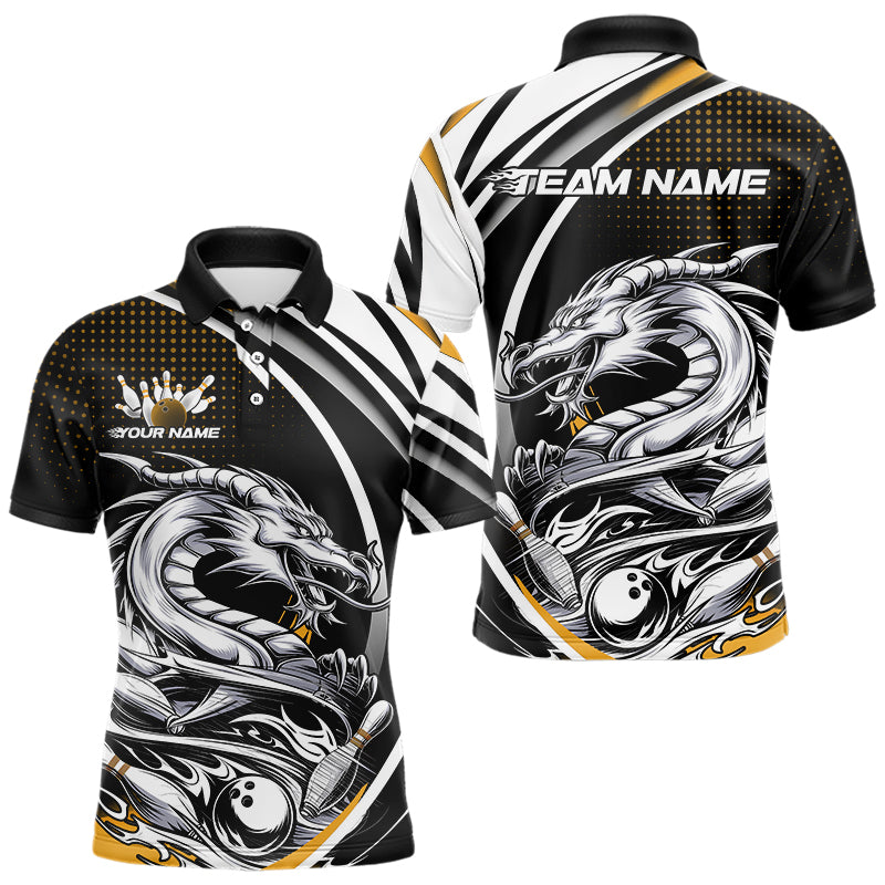 Custom Black And Yellow Dragon Bowling Team Polo Shirts For Men, Dragon Bowling Jerseys IPHW8707