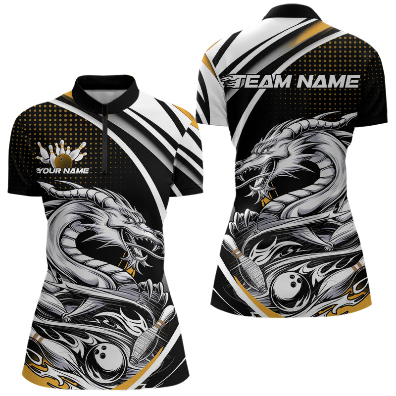 Custom Black And Yellow Dragon Bowling Women Quarter-Zip Shirts , Dragon Bowling Jerseys IPHW8707