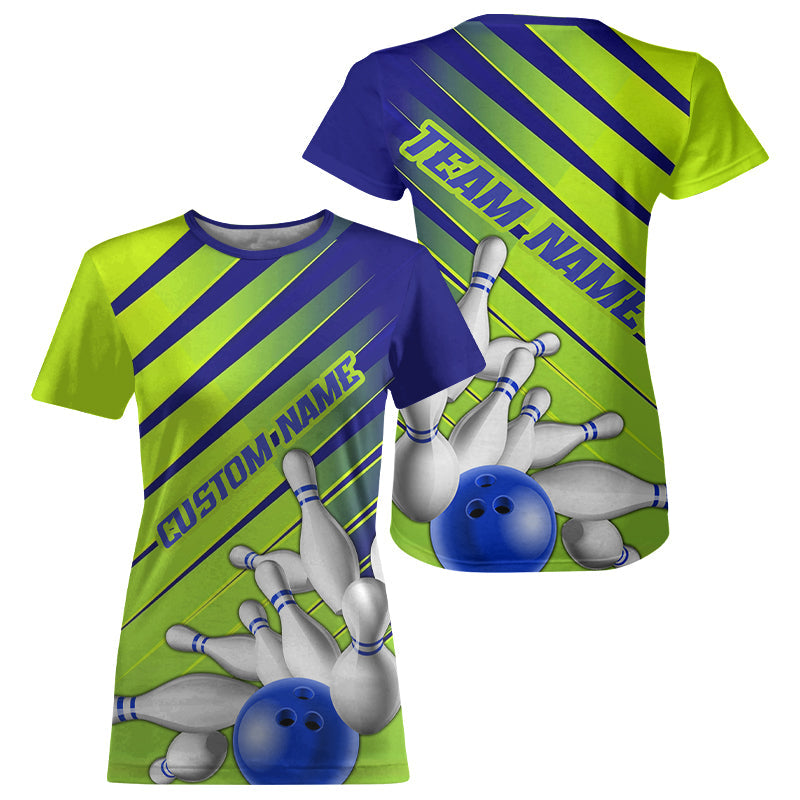 Blue And Green Strike Bowling For Women, Custom Name Bowling Team Jerseys IPHW6189