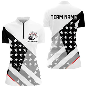 Custom Black And White American Flag Skull Bowling Shirts, Ladies Patriotic Bowling Jerseys IPHW6194