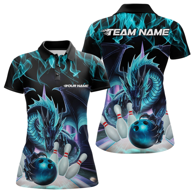 Custom Blue Flame Dragon Bowling Polo Shirts For Women, Dragon Bowling Team Jerseys IPHW8959