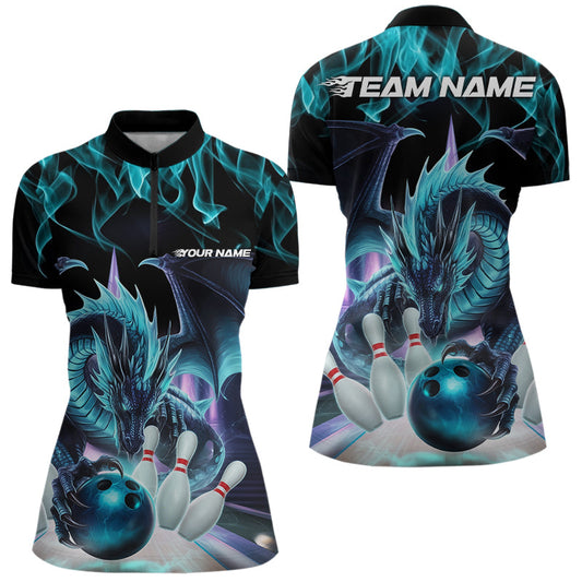 Custom Blue Flame Dragon Bowling Quarter-Zip Shirts For Women, Dragon Bowling Team Jerseys IPHW8959