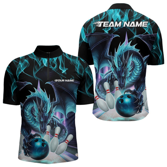 Custom Blue Flame Dragon Bowling Quarter-Zip Shirts For Men, Dragon Bowling Team Jerseys IPHW8959