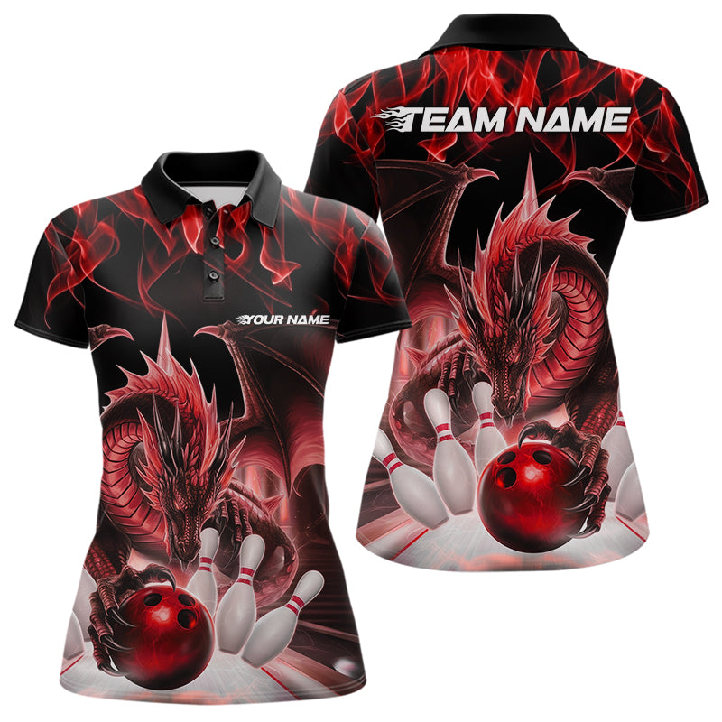 Custom Red Flame Dragon Bowling Polo Shirts For Women, Dragon Bowling Team Jerseys IPHW8960