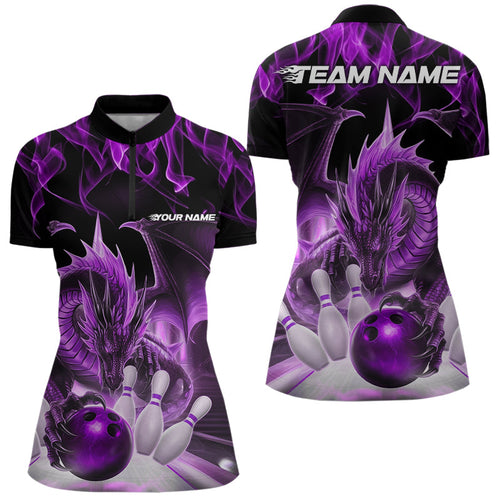 Custom Purple Flame Dragon Bowling Women Quarter-Zip Shirts, Dragon Bowling Team Jerseys IPHW8961
