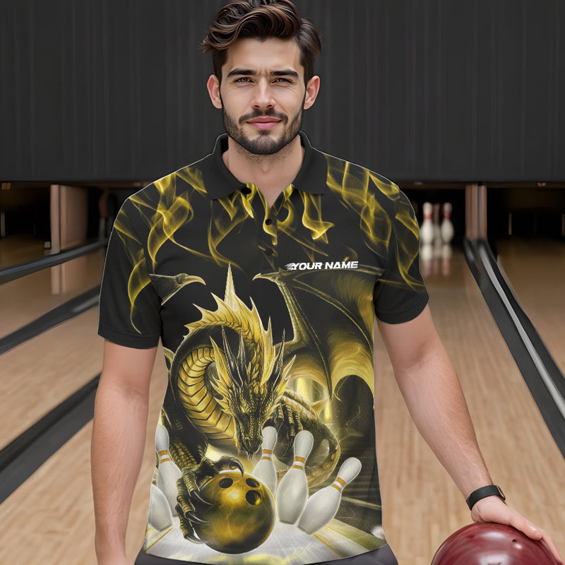 Custom Yellow Flame Dragon Bowling Polo Shirts For Men, Dragon Bowling Team Jerseys IPHW8962
