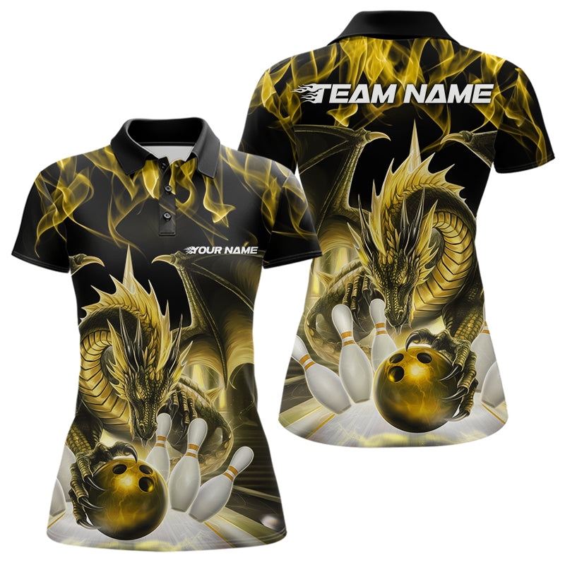 Custom Yellow Flame Dragon Bowling Polo Shirts For Women, Dragon Bowling Team Jerseys IPHW8962