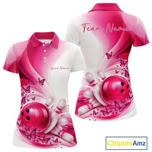 Women s white and pink bowling polo shirt mockup shown from front and back with butterfly artwork and bowling graphics.