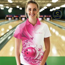 Load image into Gallery viewer, Custom Pink Butterfly Bowling Women Polo Shirt, Ladies Bowling League Shirt IPHW11351