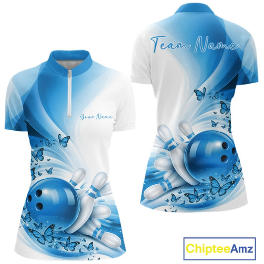 Front and back view of a women s white and blue bowling quarter zip mockup featuring butterfly accents and bowling-themed graphics.