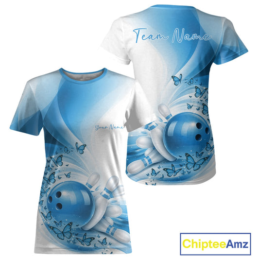 Custom Blue Butterfly Bowling Women T-Shirts, Ladies Bowling League IPHW11352