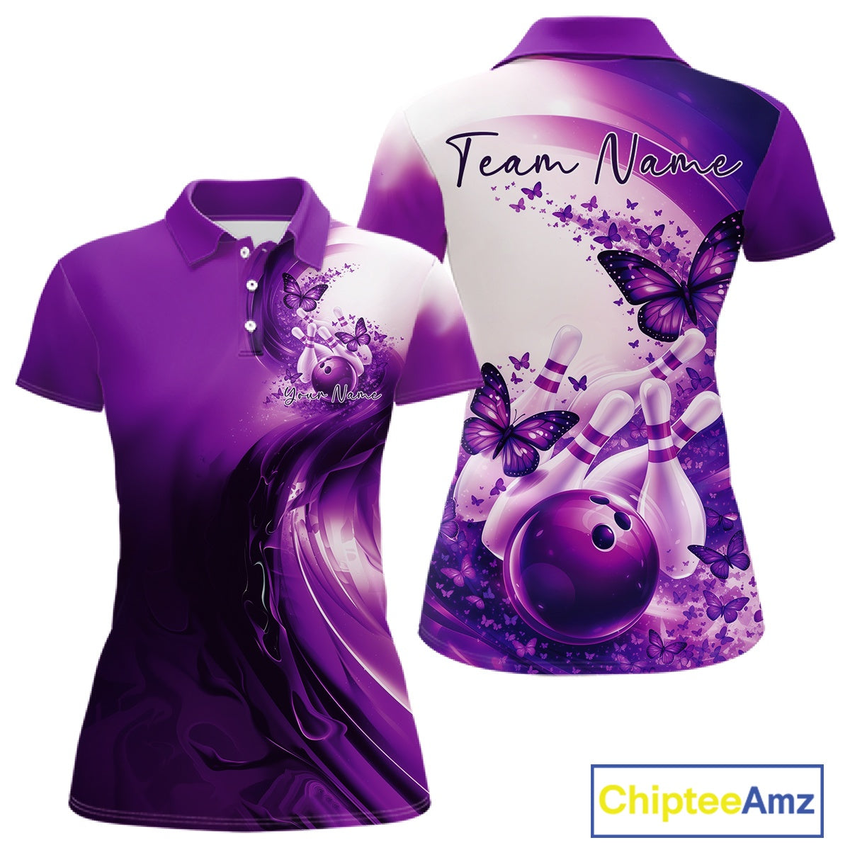 Women s purple bowling polo shirt mockup displayed from front and back with butterfly artwork and bowling-themed graphics.