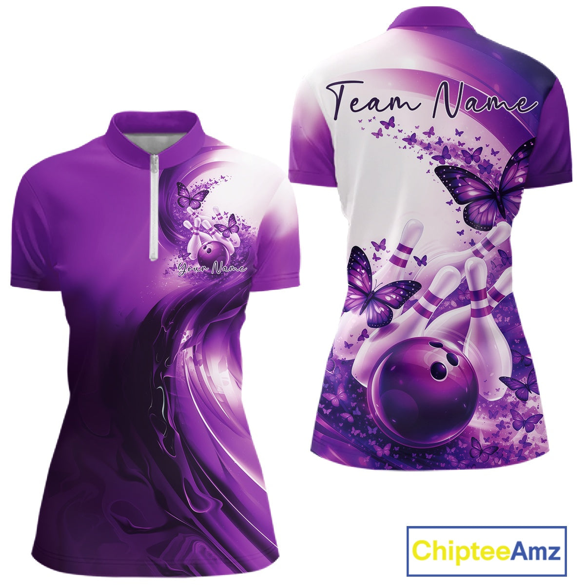 Purple bowling shirt with butterfly design and 'Team Name' text on a white background, featuring ChipteeAmz branding.