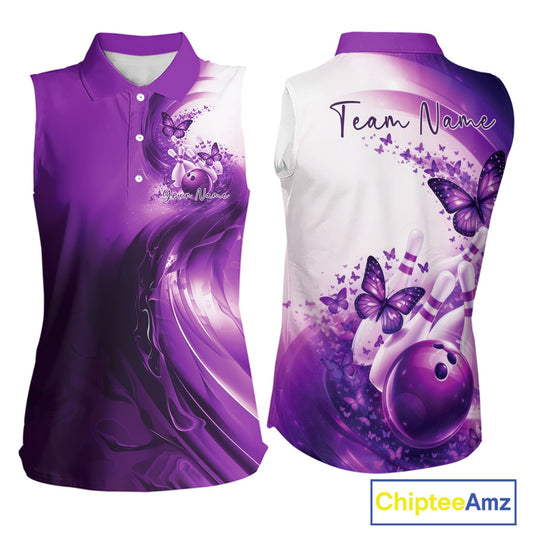 Front and back mockup of a womens purple sleeveless bowling shirt featuring butterfly graphics and bowling artwork