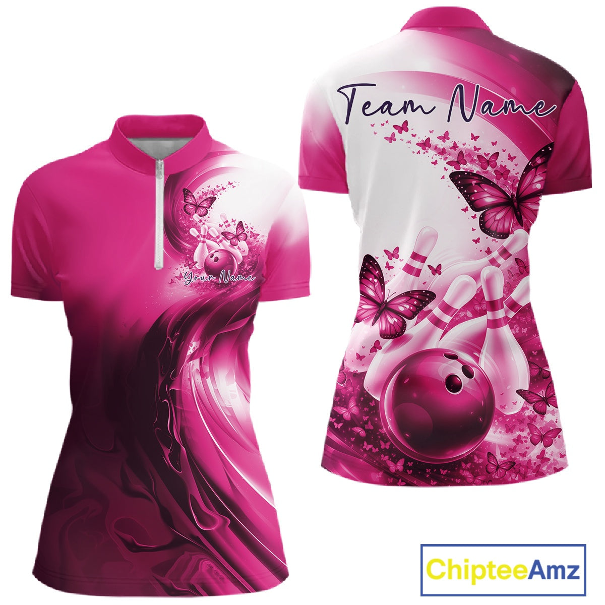 Pink bowling shirt with butterfly design and 'Team Name' text on a white background