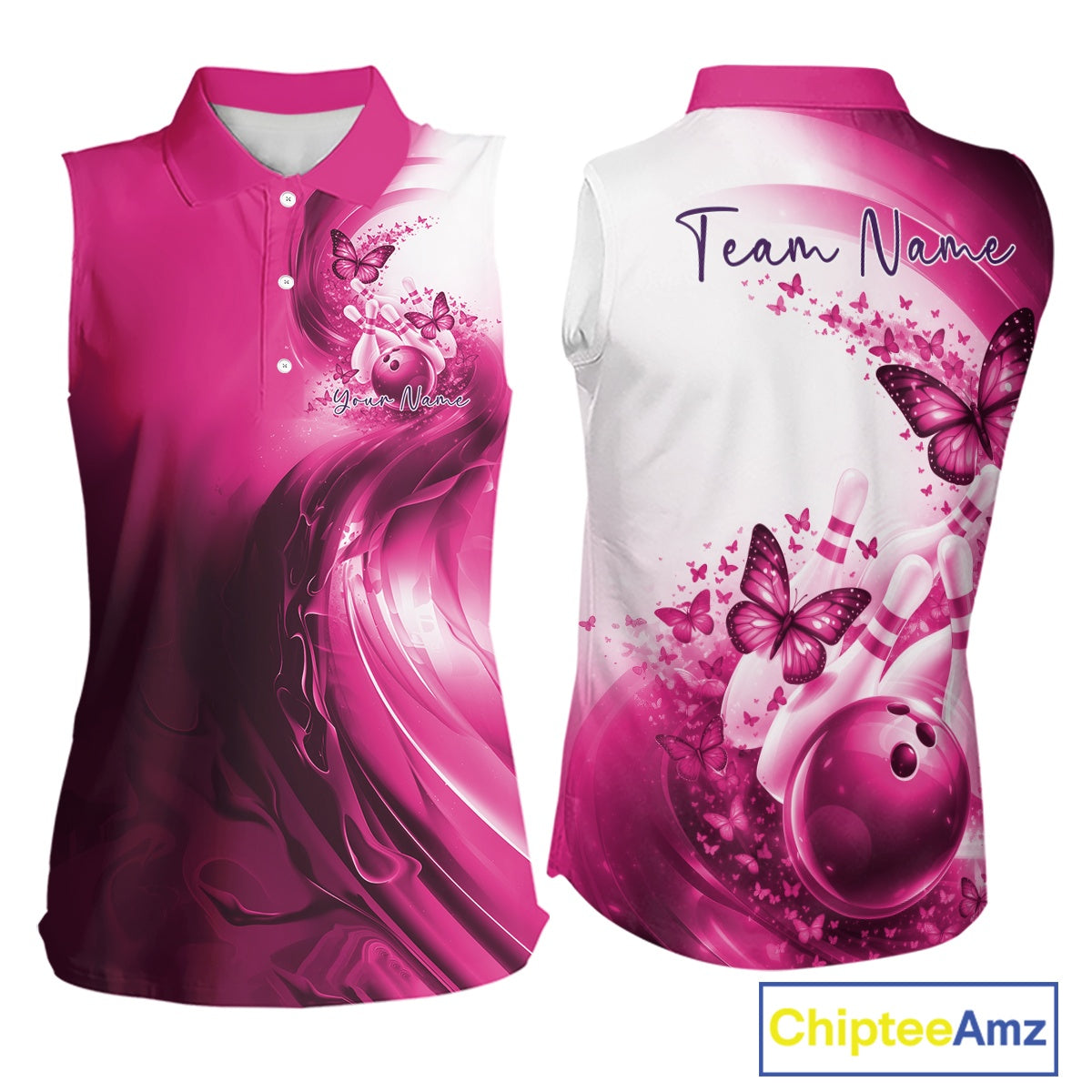 Front and back mockup of a womens pink sleeveless bowling shirt decorated with butterfly graphics and bowling artwork