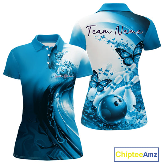 Front and back view of a blue women s bowling polo shirt mockup featuring butterfly accents and bowling-themed graphics.
