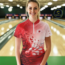 Load image into Gallery viewer, Custom Red Butterfly Bowling Women Quarter-Zip Shirt, Women Bowling Tournament Uniform IPHW11360