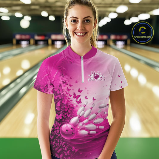 Custom Pink Butterfly Bowling Women Quarter-Zip Shirt, Women Bowling Tournament Uniform IPHW11362